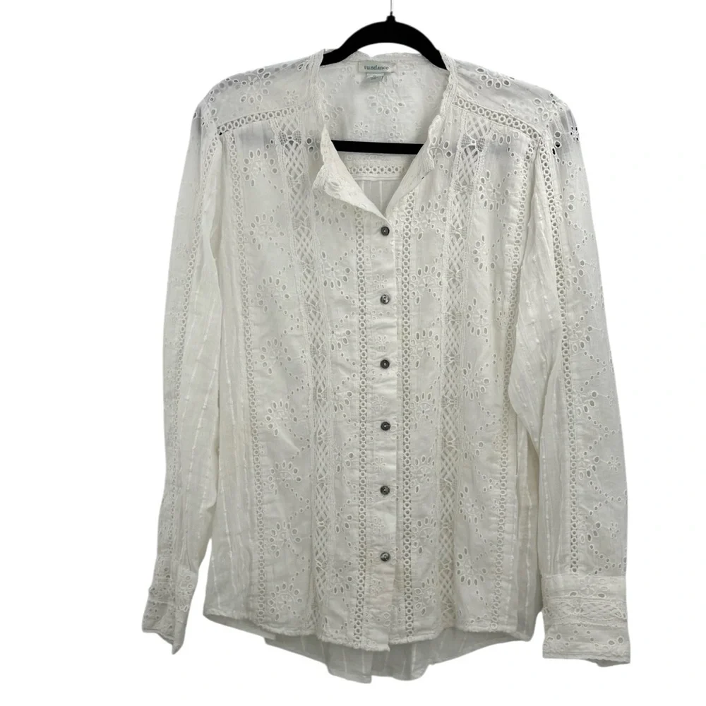 Sundance White Eyelet Lace XL Boho Victorian Cottagecore Cotton Button Front Top - Picture 5 of 14